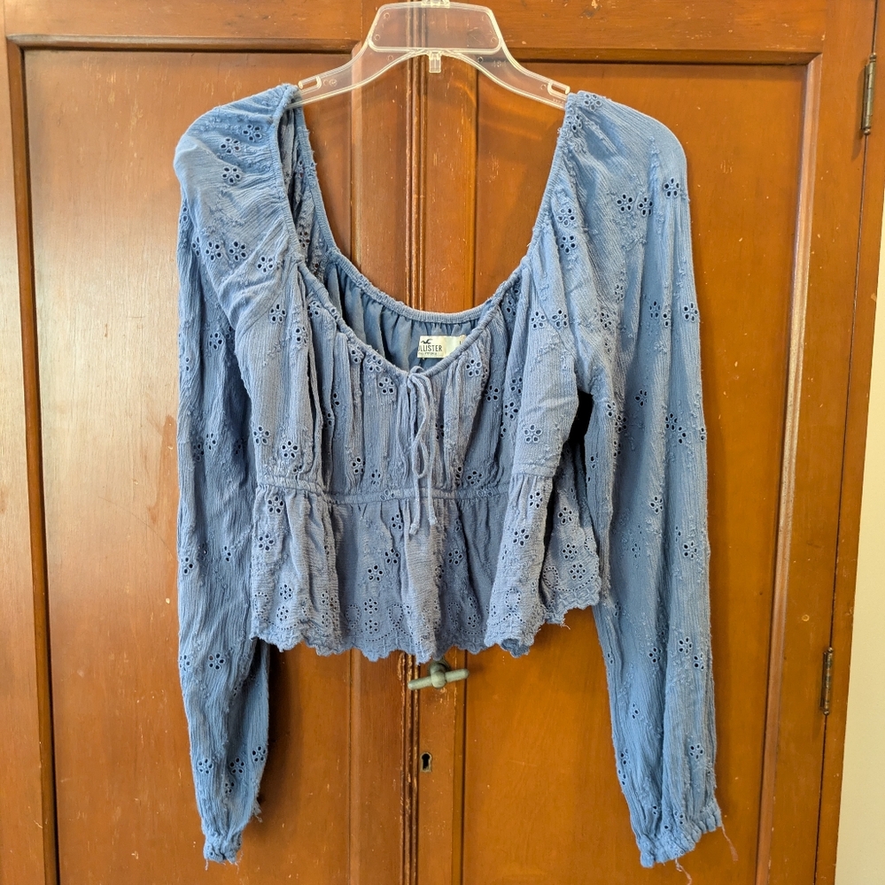 Hollister Dusty Blue Eyelet Peasant Blouse